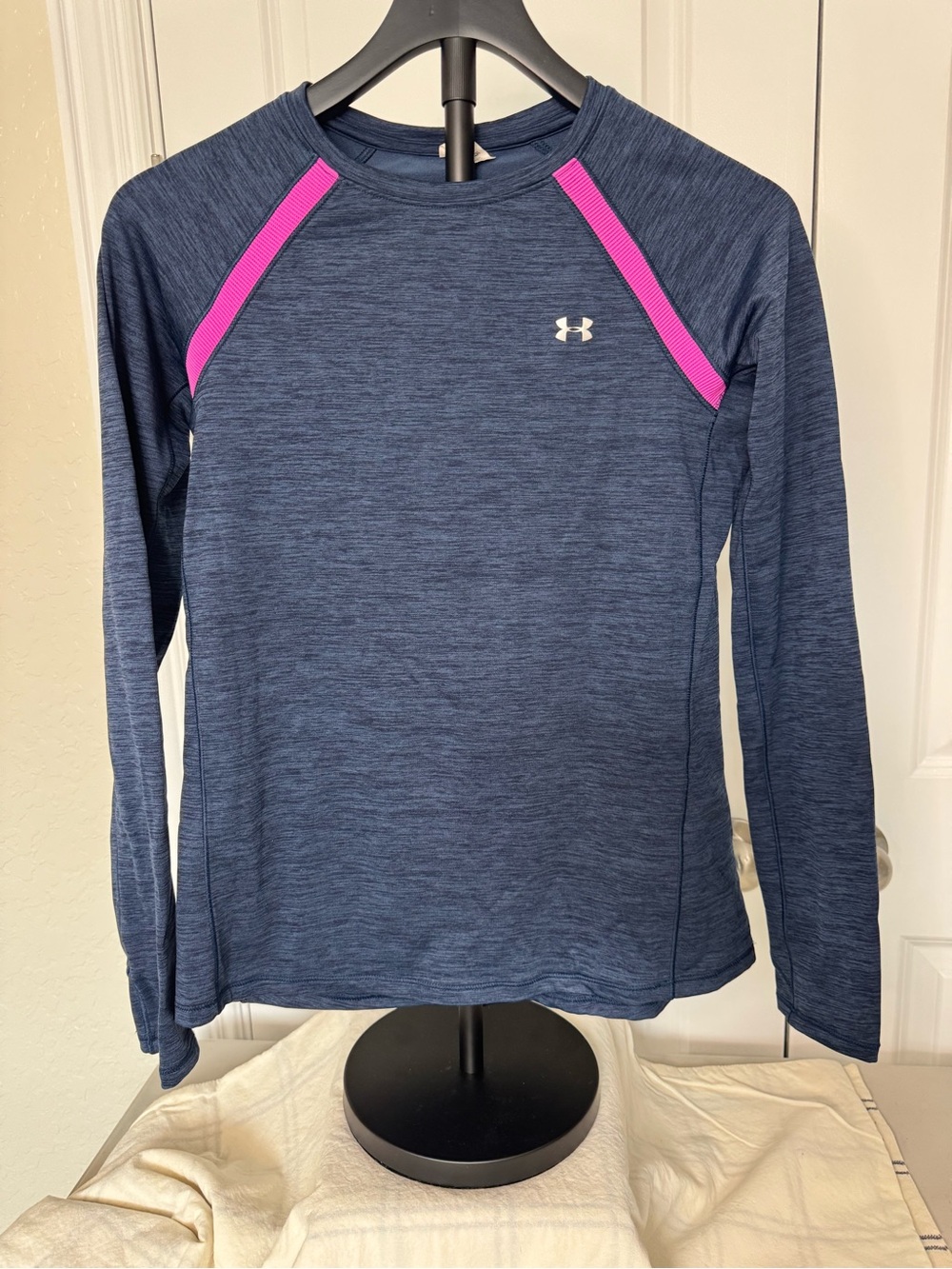 Under Armour Navy ColdGear Long Sleeve Fitted Top with Pink Logo